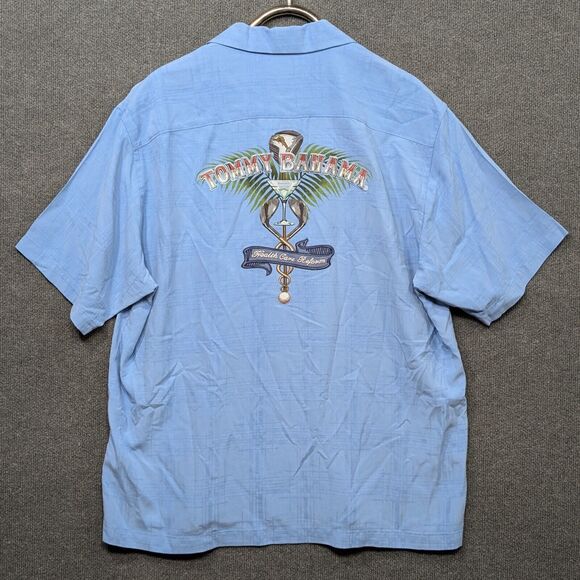 Tommy Bahama Embroidered Silk Shirt Mens XL Golf Martini Tropical Button Blue - Picture 1 of 14